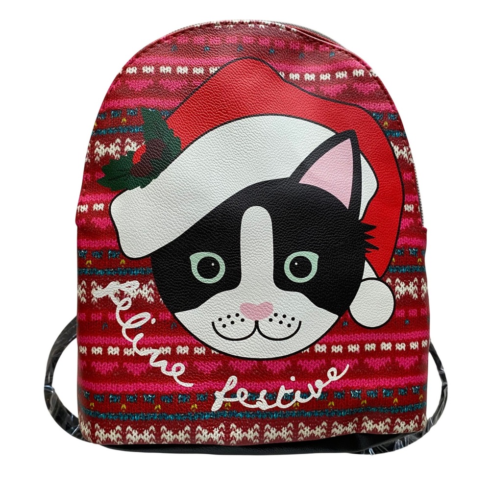 T-Shirt & Jeans Mini Backpack Feline Festive Cat Santa‎ Hat Red Holiday Winter